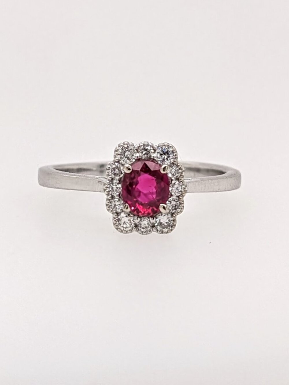 Mozambique Ruby and Diamond Halo Ring in Solid 14K White Gold